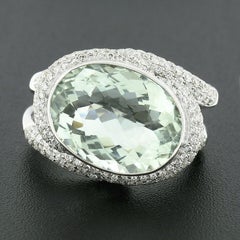 18K White Gold Oval Bezel Prasiolite Quartz & Pave Diamond Twisted Cocktail Ring