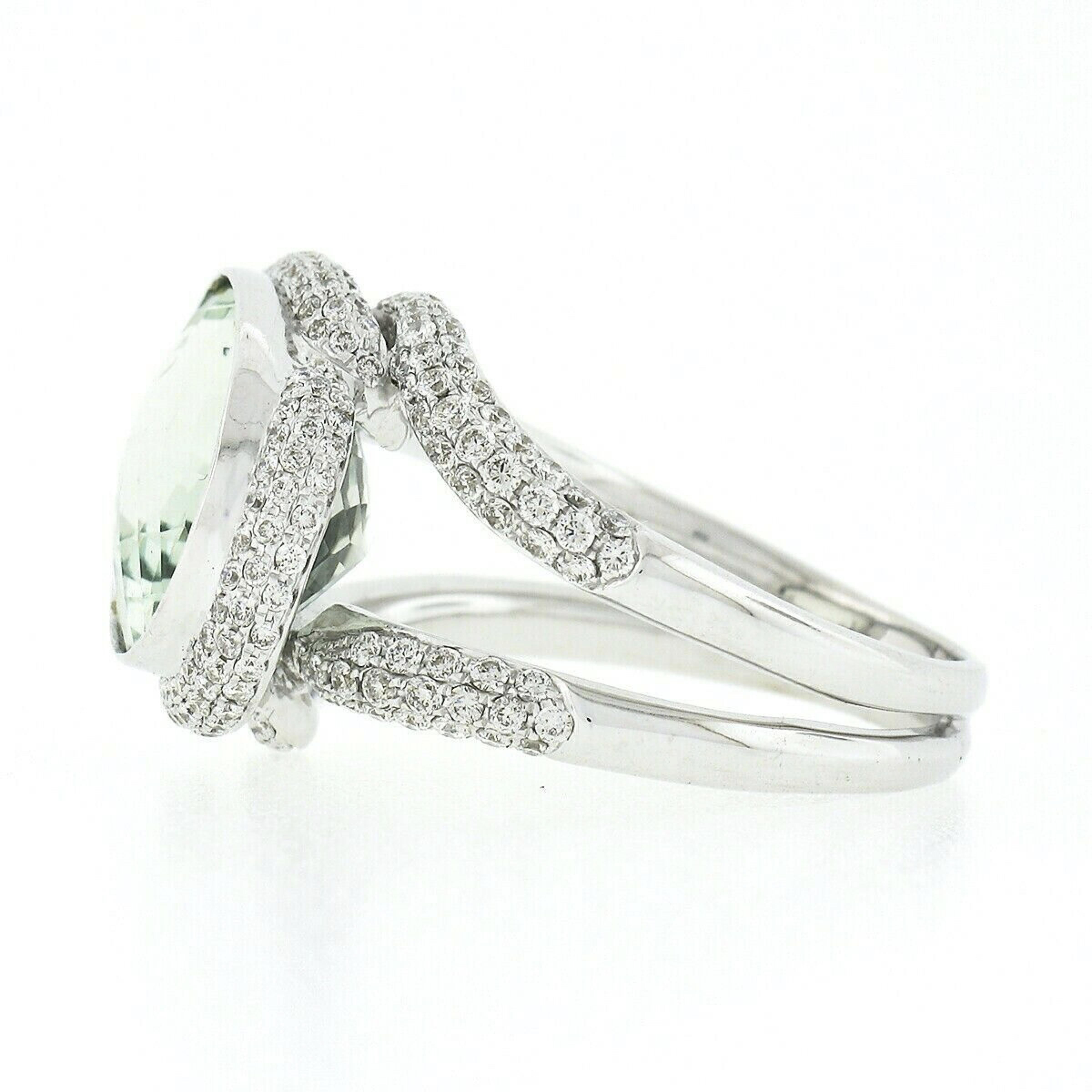 18K White Gold Oval Bezel Prasiolite Quartz & Pave Diamond Twisted Cocktail Ring In Excellent Condition For Sale In Montclair, NJ