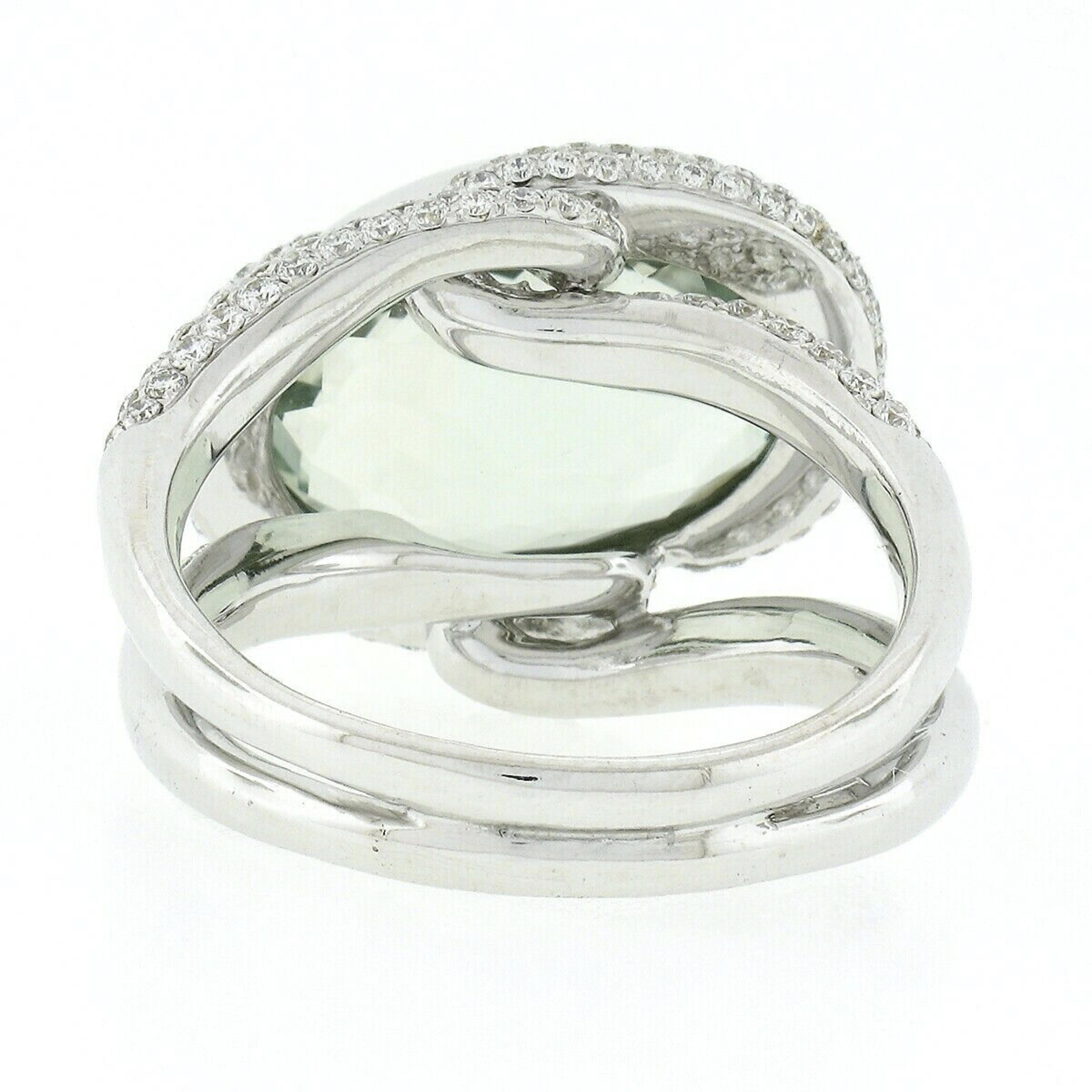 Women's 18K White Gold Oval Bezel Prasiolite Quartz & Pave Diamond Twisted Cocktail Ring For Sale