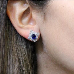18k White Gold Oval Blue Ceylon Sapphire & Baguette Diamond Flower Stud Earrings