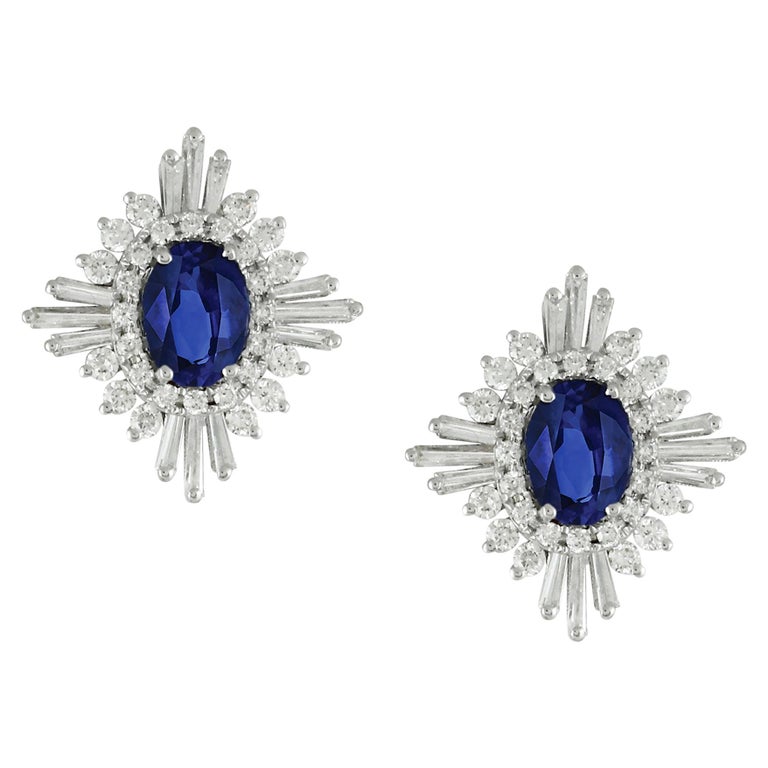18k White Gold Oval Blue Ceylon Sapphire and Baguette Diamond Flower Stud  Earrings For Sale at 1stDibs | diamond and sapphire earrings
