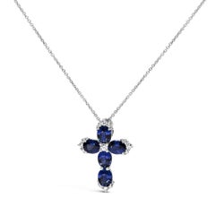 18K White Gold Oval Blue Sapphire and Diamond Cross Pendant Necklace