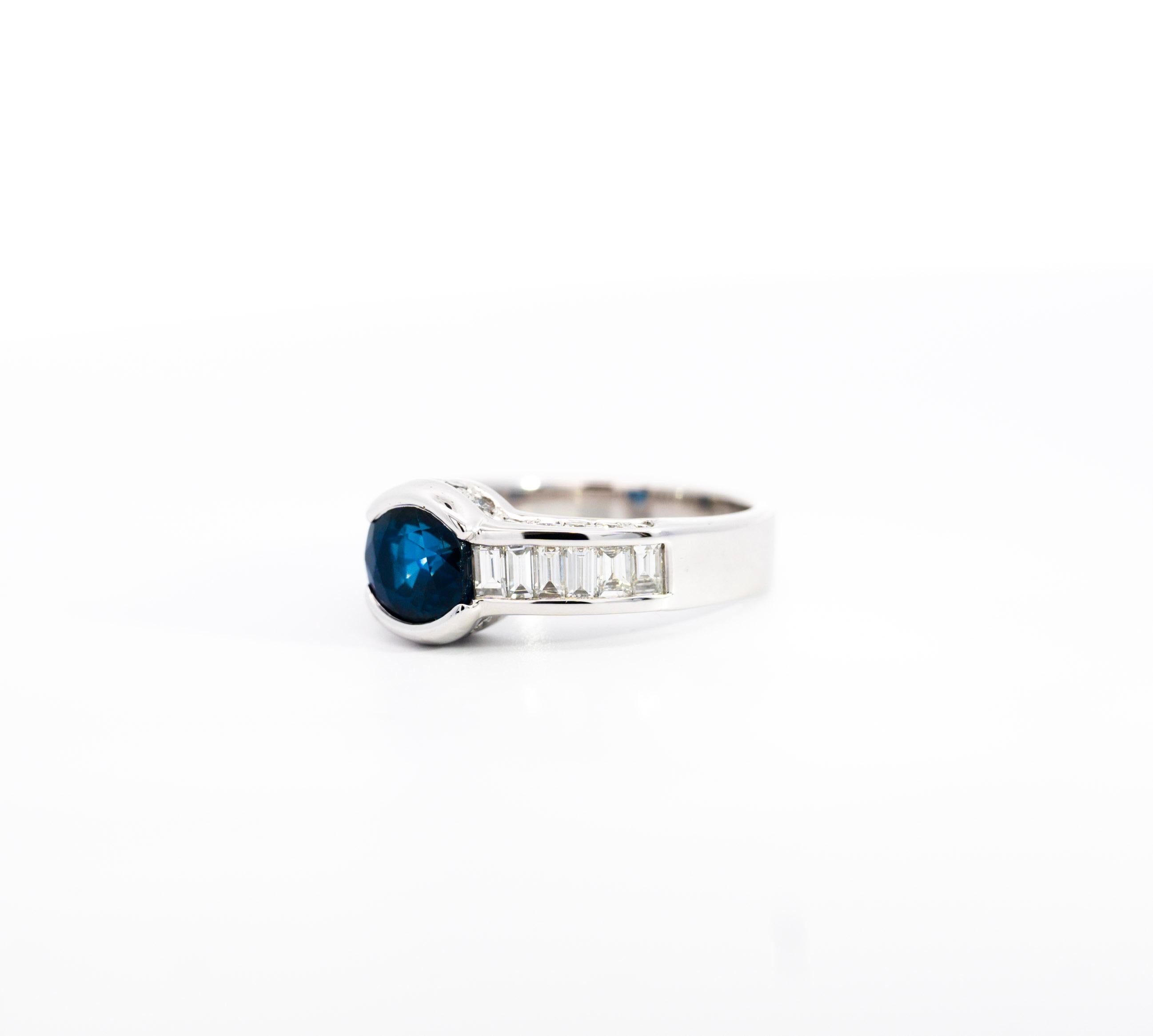 18K White Gold Oval Blue Sapphire & Baguette Diamond Channel and Bezel Set Ring For Sale 4