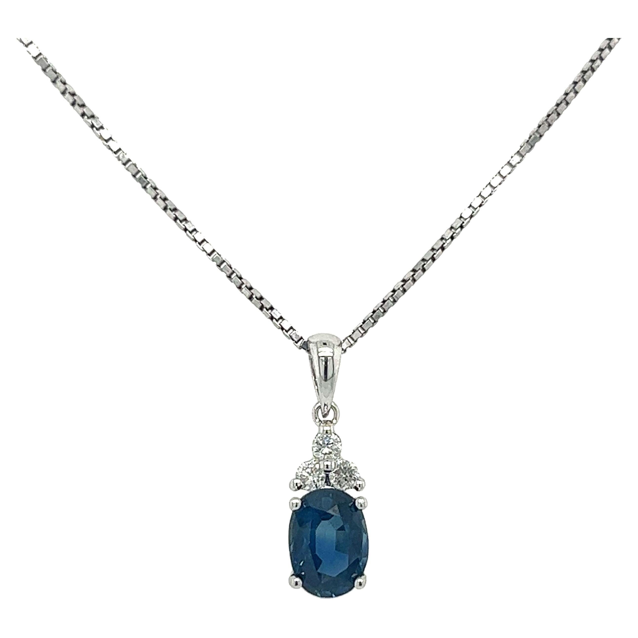 18K White Gold Oval Blue Sapphire & Diamond 3 Stone Drop Pendant Necklace