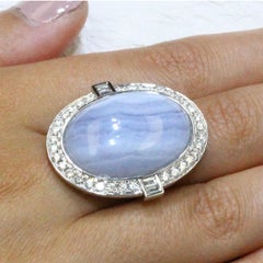 18K Weißgold Oval Cabochon Blau Spitze Achat Cocktail-Ring w / Baguette Diamanten