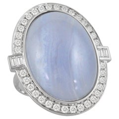 18K White Gold Oval Cabochon Blue Lace Agate Cocktail Ring w/ Baguette Diamonds