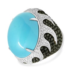 18k White Gold Oval Cabochon Cut Turquoise, Black, and White Diamond Flame Ring