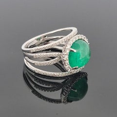 18K White Gold Oval Cabochon Emerald Ring 4.63ct Diamond Split Pave Shank 0.85ct
