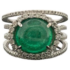 18K White Gold Oval Cabochon Emerald Ring 4.63ct Diamond Split Pave Shank 0.85ct