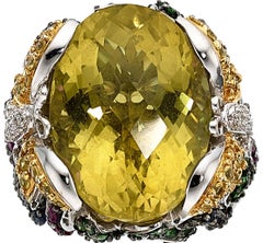 18k White Gold Oval Citrine Cocktail Butterfly Ring with Gemstones Size 7.75