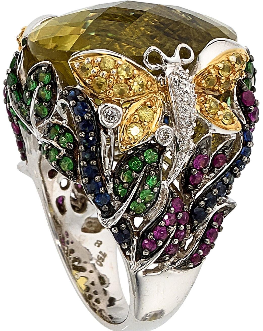 Modern 18k White Gold Oval Citrine Cocktail Butterfly Ring with Gemstones Size 7.75 For Sale