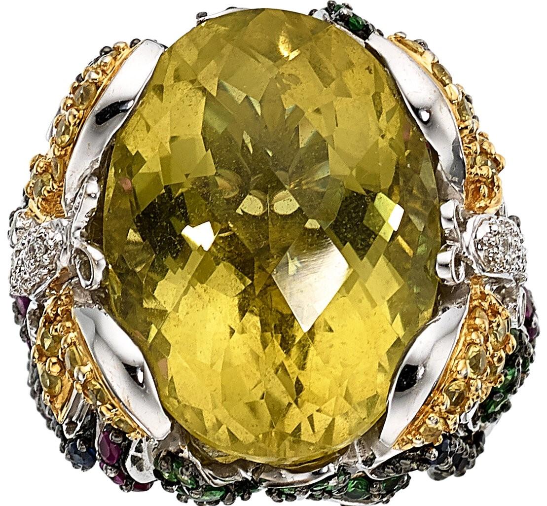 Women's or Men's 18k White Gold Oval Citrine Cocktail Butterfly Ring with Gemstones Size 7.75 For Sale