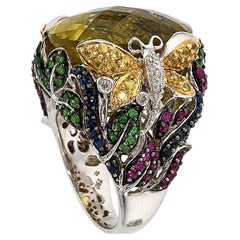 18k White Gold Oval Citrine Cocktail Butterfly Ring with Gemstones Size 7.75