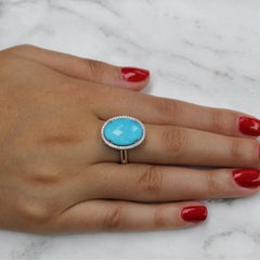 18 Karat White Gold Oval Cocktail Ring with White Topaz, Turquoise and Diamonds