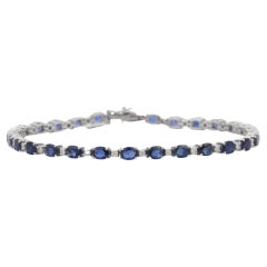 18K White Gold Oval Cut Blue Sapphire Diamond Tennis Bracelet