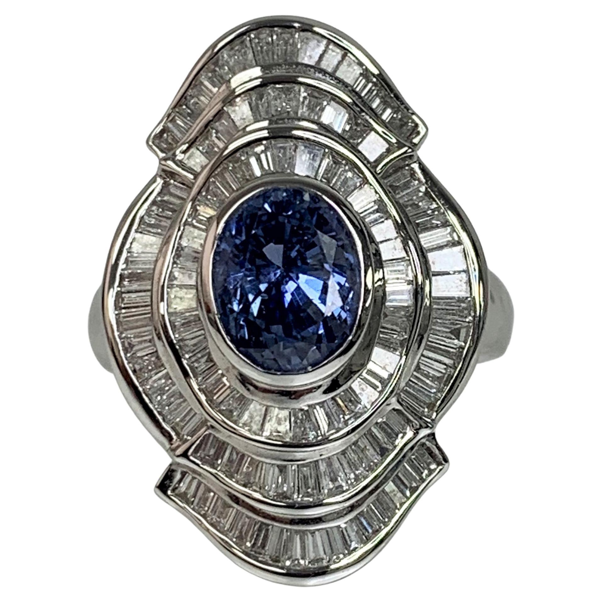 18K White Gold Oval Cut Blue Sapphire Diamond Ring