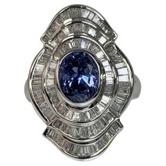 Vintage 18K White Gold Oval Cut Blue Sapphire Diamond Ring