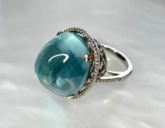 18K White Gold Oval Cut Cabochon Aquamarine Diamond Ring
