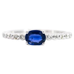 18K White Gold Oval Cut Natural Blue Sapphire & Bezel Diamond East West Ring 