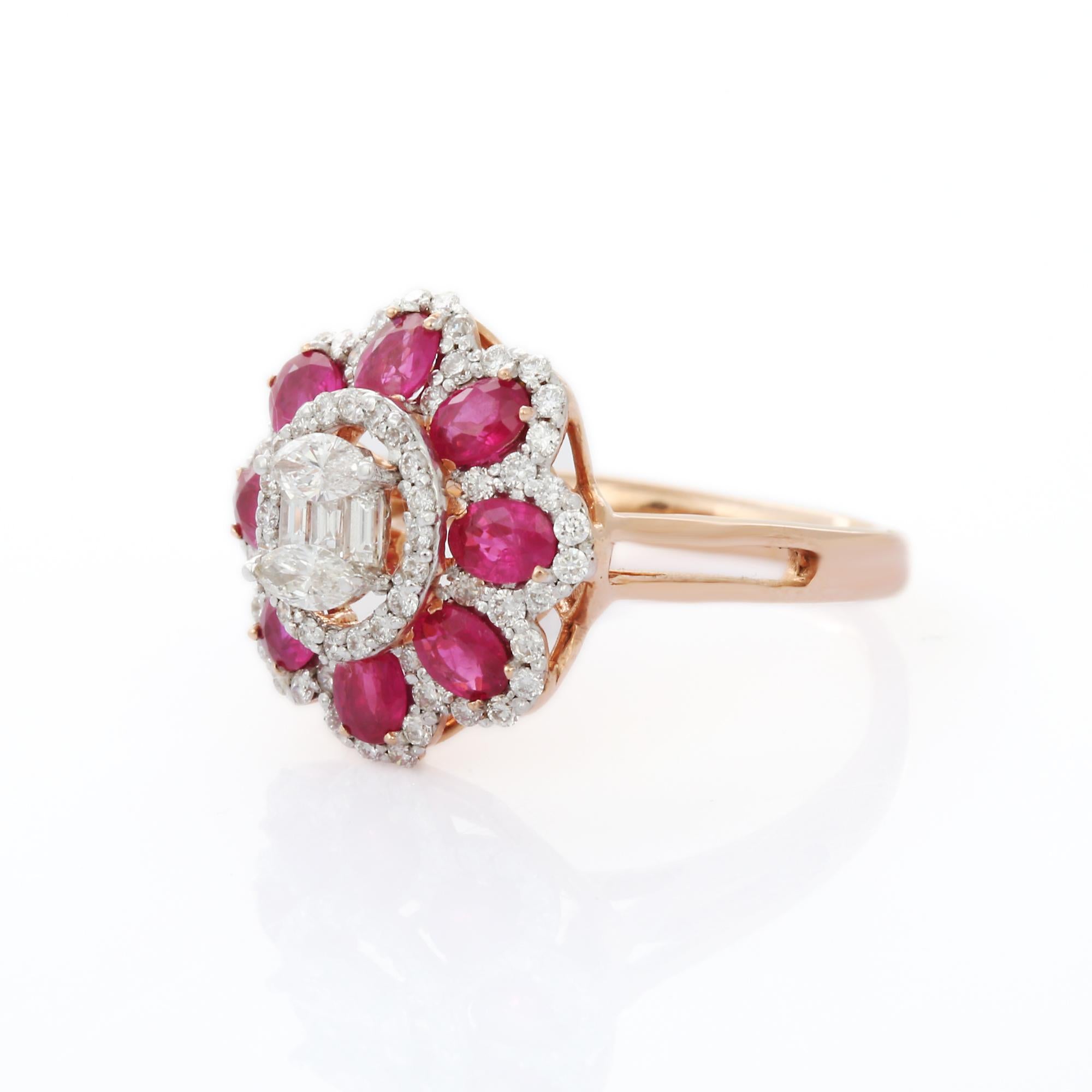 En vente :  Bague cocktail en or blanc 18 carats avec fleur en rubis de taille ovale et diamants  3