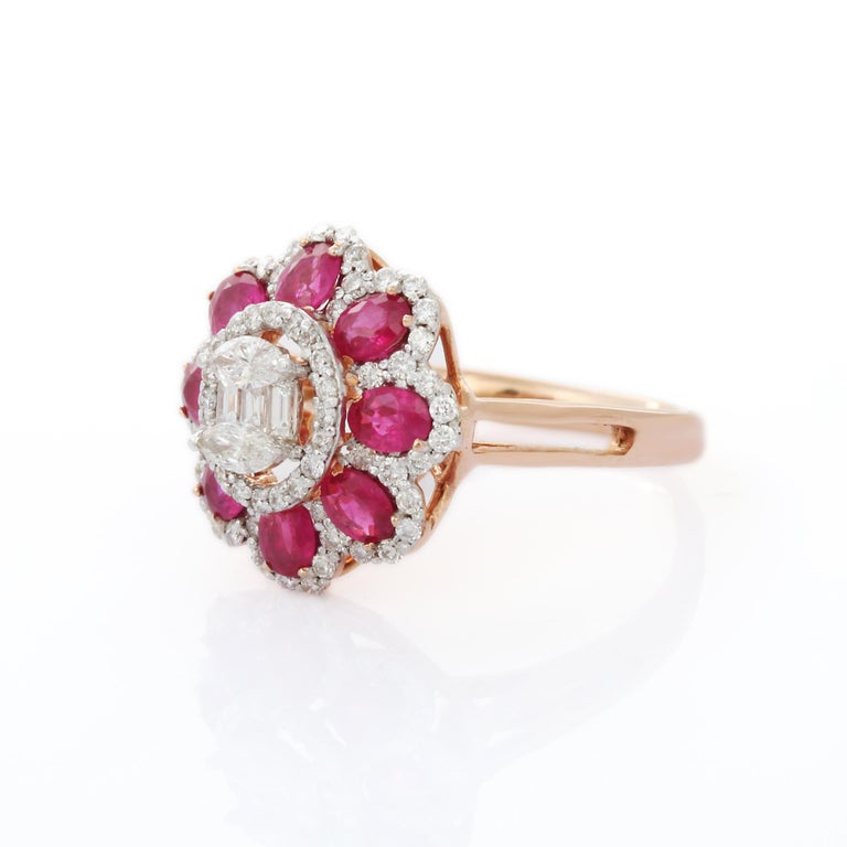 For Sale:  18K White Gold Oval cut Ruby Flower Cocktail Ring with Diamonds  3