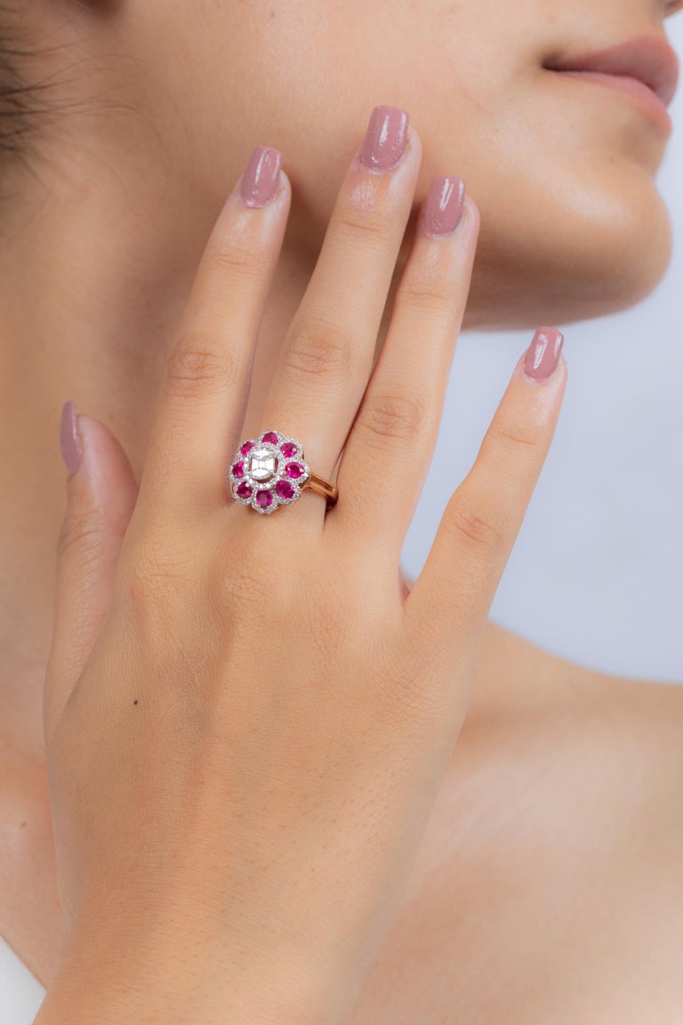 For Sale:  18K White Gold Oval cut Ruby Flower Cocktail Ring with Diamonds  4