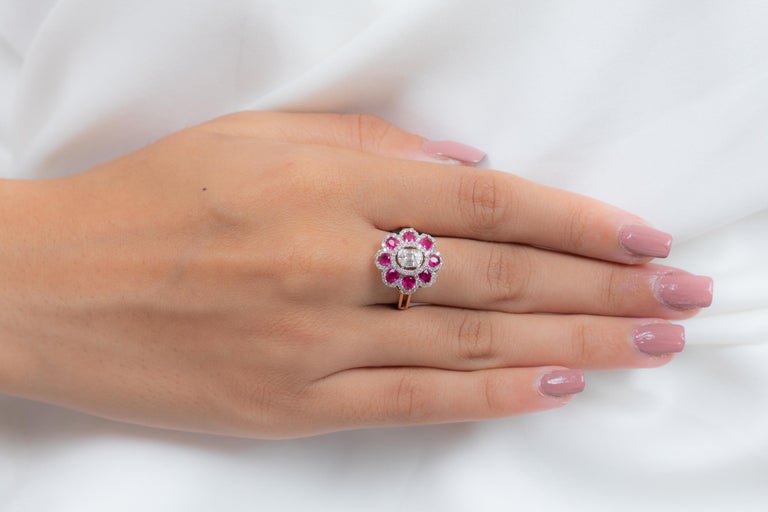 For Sale:  18K White Gold Oval cut Ruby Flower Cocktail Ring with Diamonds  6