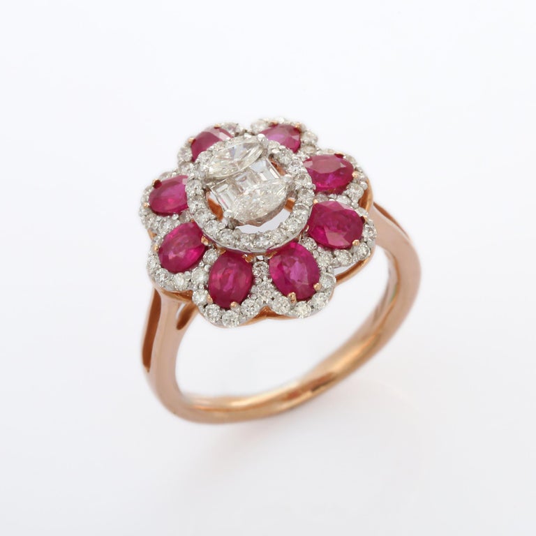 For Sale:  18K White Gold Oval cut Ruby Flower Cocktail Ring with Diamonds  7