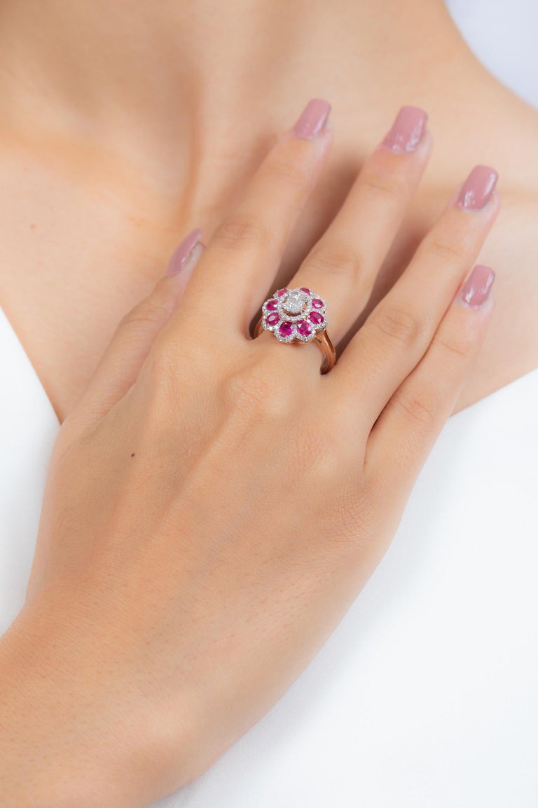 For Sale:  18K White Gold Oval cut Ruby Flower Cocktail Ring with Diamonds  8