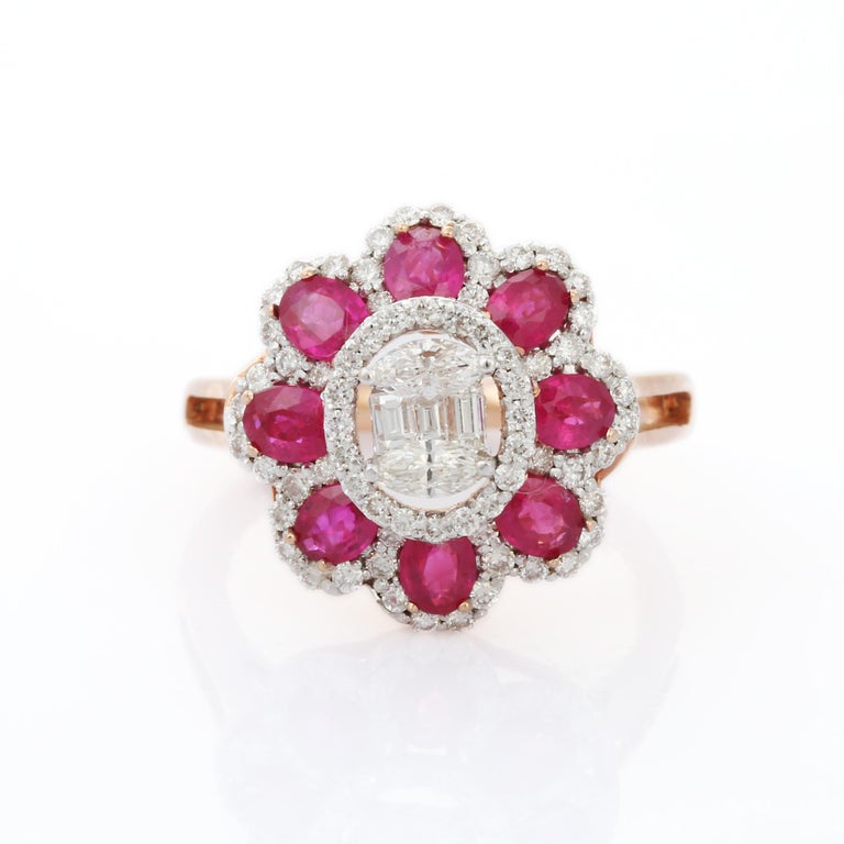 For Sale:  18K White Gold Oval cut Ruby Flower Cocktail Ring with Diamonds  9