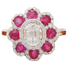 18K White Gold Oval cut Ruby Flower Cocktail Ring with Diamonds 