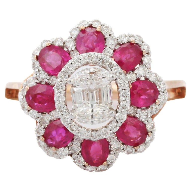 For Sale:  18K White Gold Oval cut Ruby Flower Cocktail Ring with Diamonds