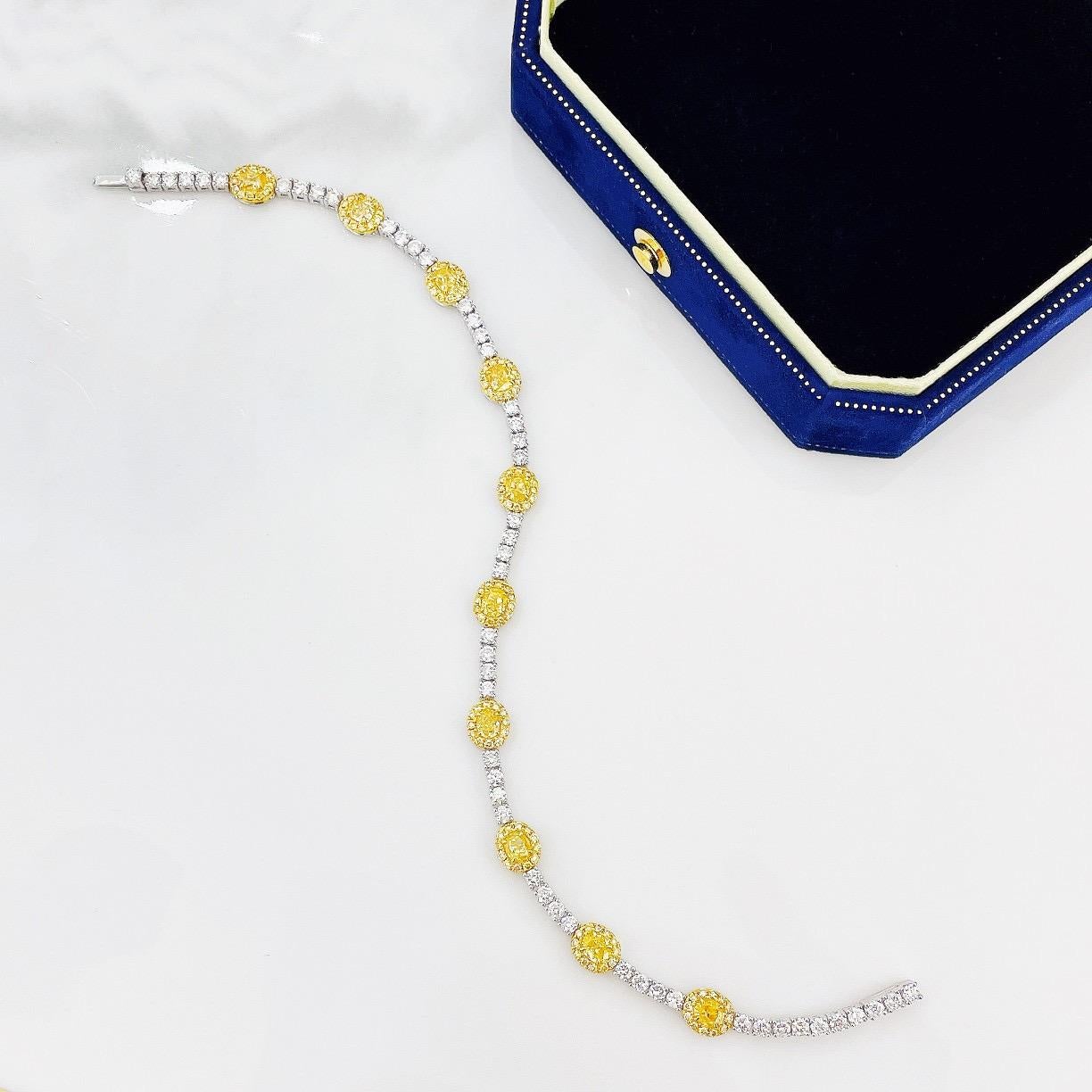 Oval Cut 18K White Gold Oval-Cut Yellow Diamond Bracelet with Diamonds For Sale