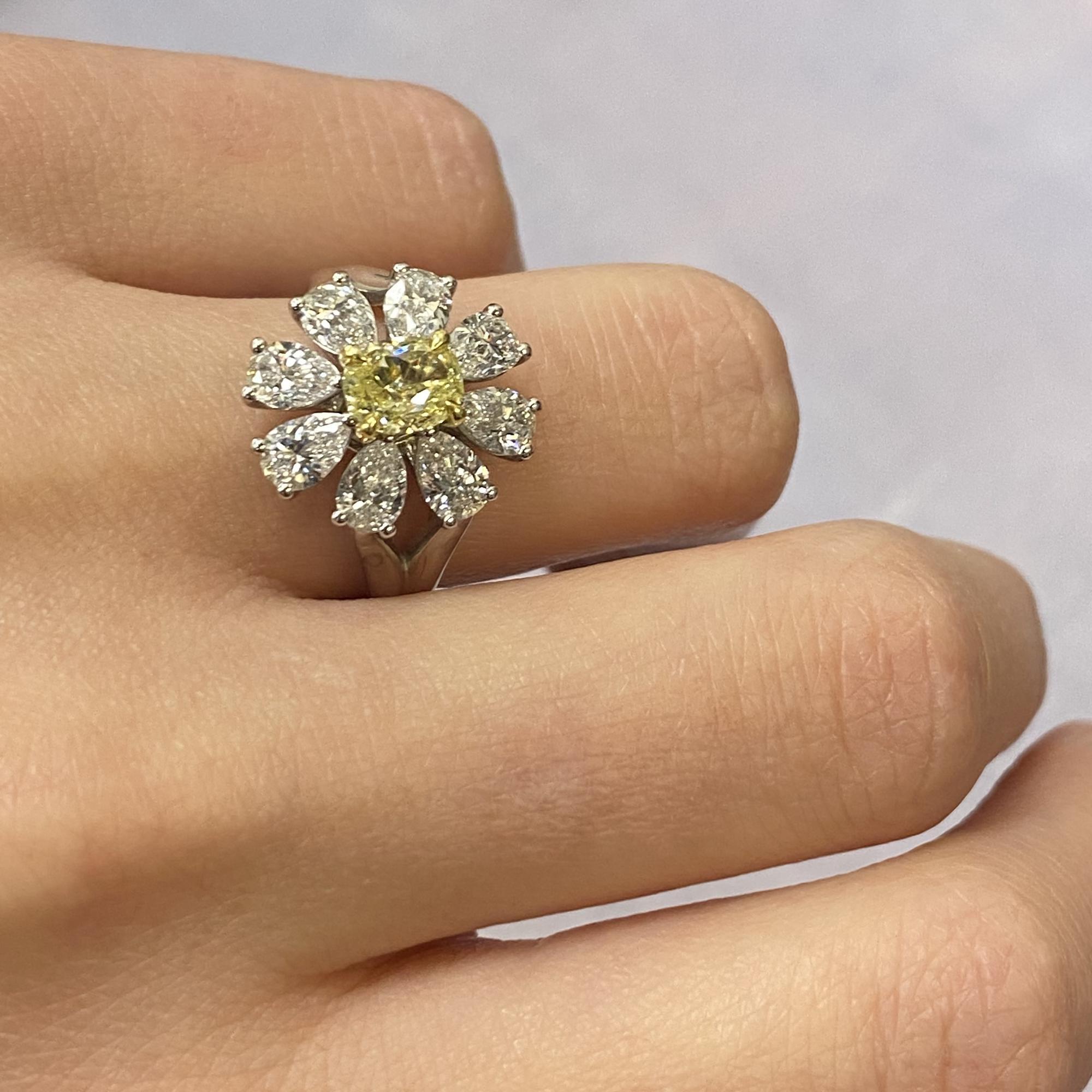 18K White Gold Oval Fancy Yellow and Pear Shape Diamond Ring 0.80cttw For Sale 1