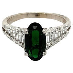18k White Gold Oval Green Chrome Tourmaline W/ Baguette & Round Diamond Ring
