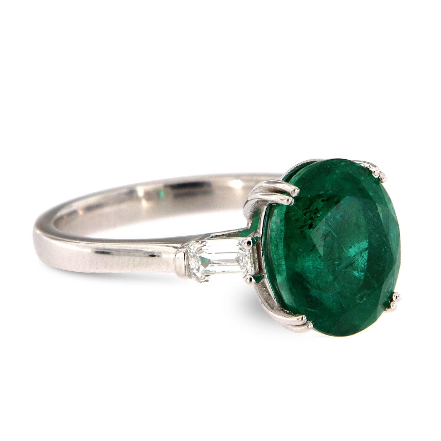 Oval Cut GIA Certified 4.27 Carat Oval Green Emerald 18K White Gold Diamond Ring For Sale