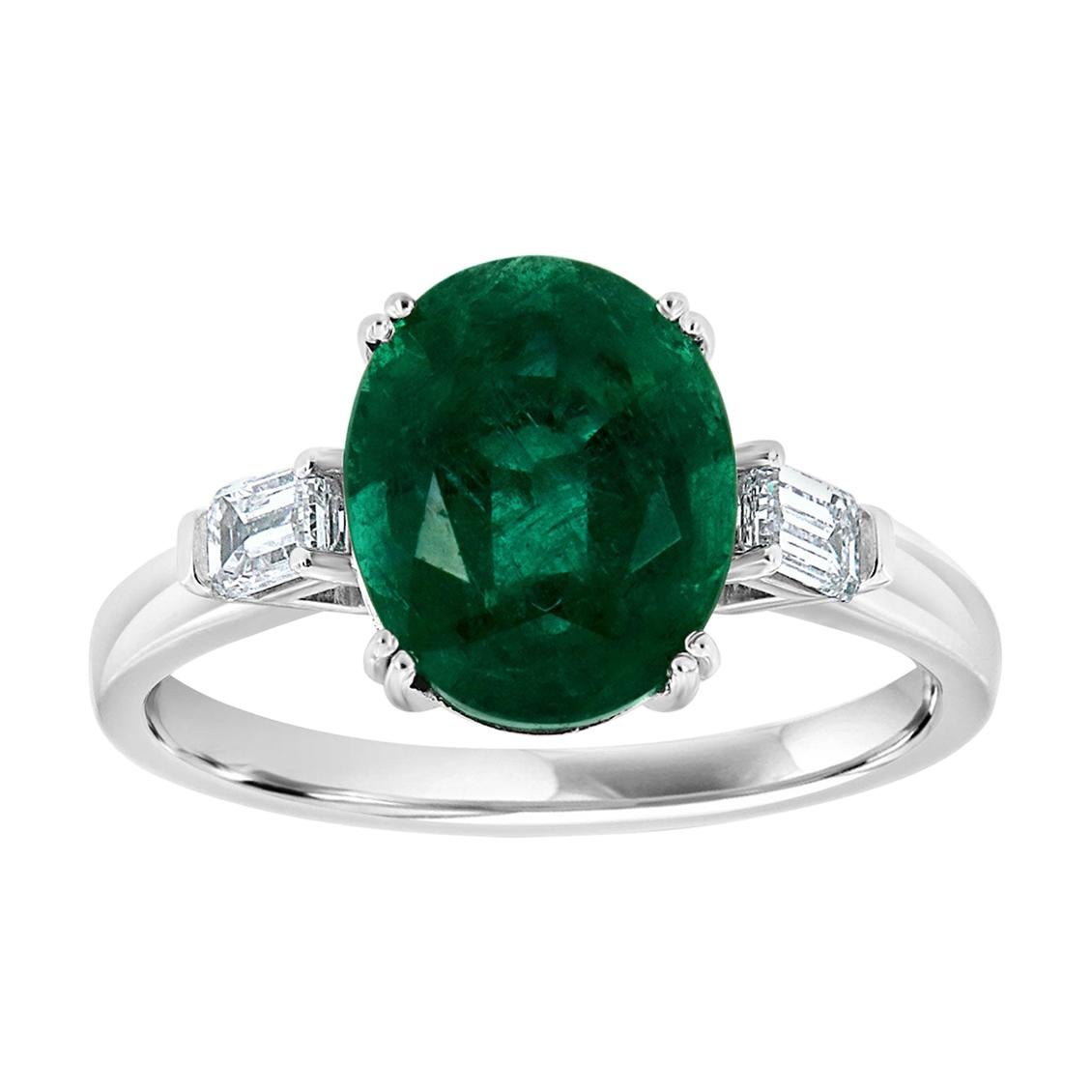 GIA Certified 4.27 Carat Oval Green Emerald 18K White Gold Diamond Ring For Sale