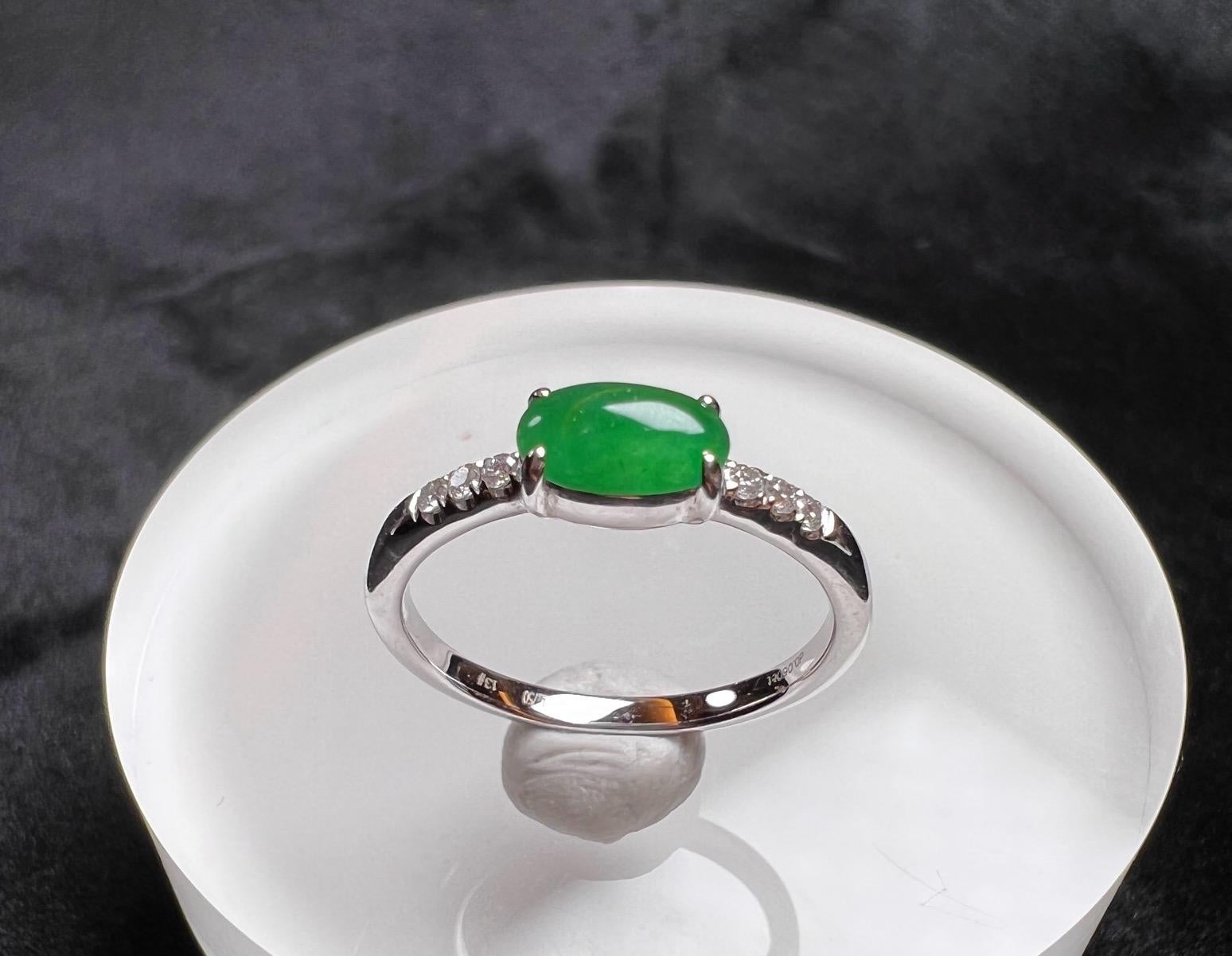 Women's or Men's 18K White Gold Oval Green Jadeite Diamond Ring Engagement Ring For Sale