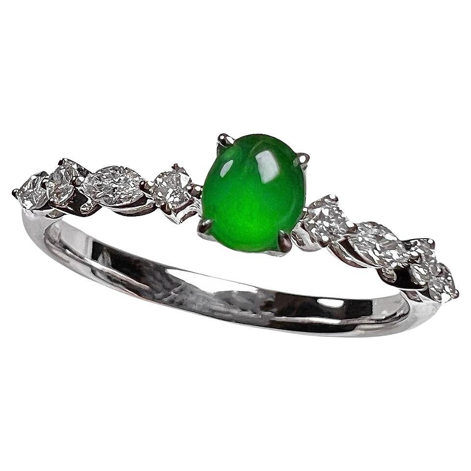 18K White Gold Oval Green Jadeite Mixed Cut Diamond Ring Engagement Ring For Sale