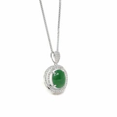 18k White Gold Oval Imperial Jadeite Jade Cabochon Necklace with Diamonds