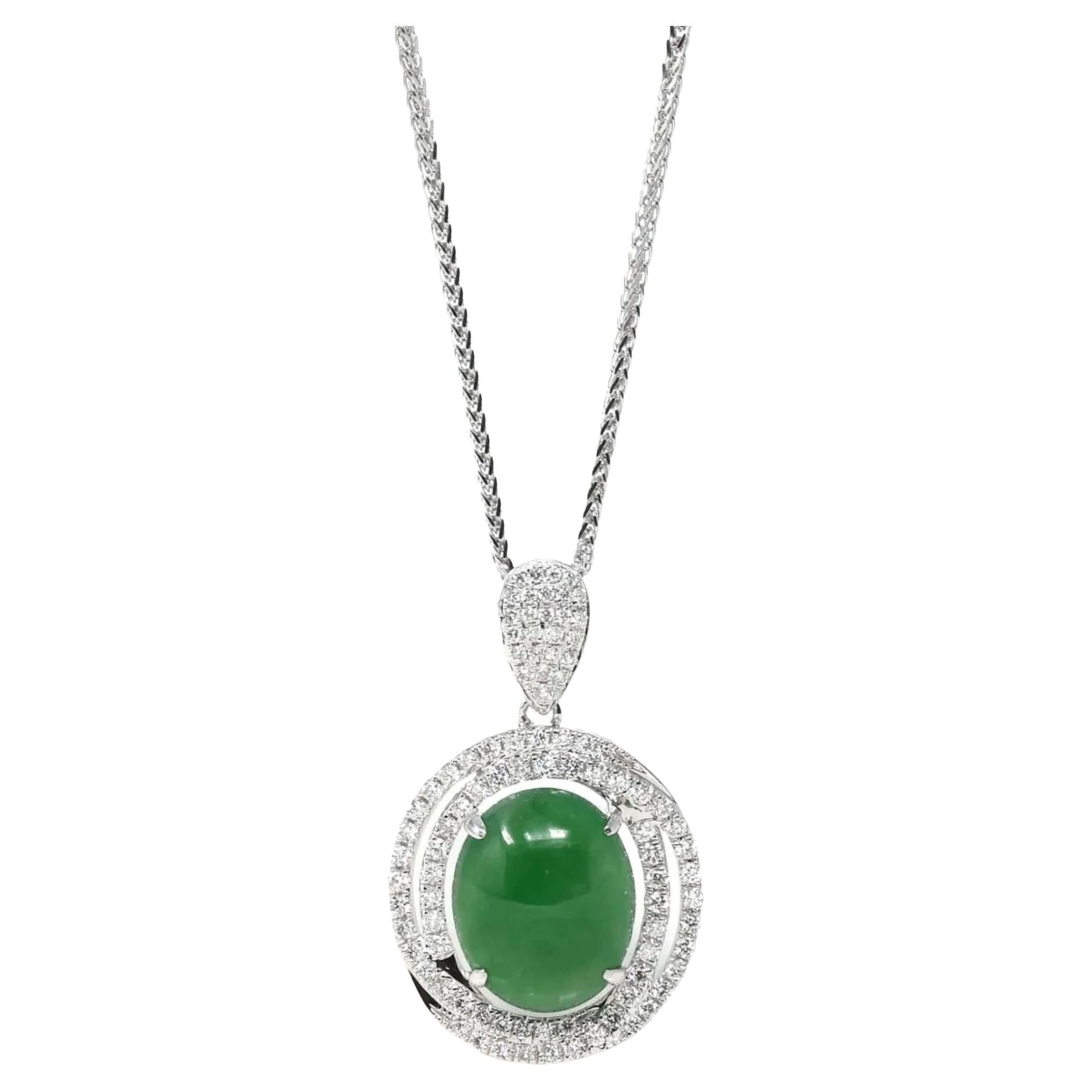 18k White Gold Oval Imperial Jadeite Jade Cabochon Necklace with Diamonds For Sale