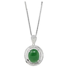 Used 18k White Gold Oval Imperial Jadeite Jade Cabochon Necklace with Diamonds