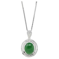 18k White Gold Oval Imperial Jadeite Jade Cabochon Necklace with Diamonds