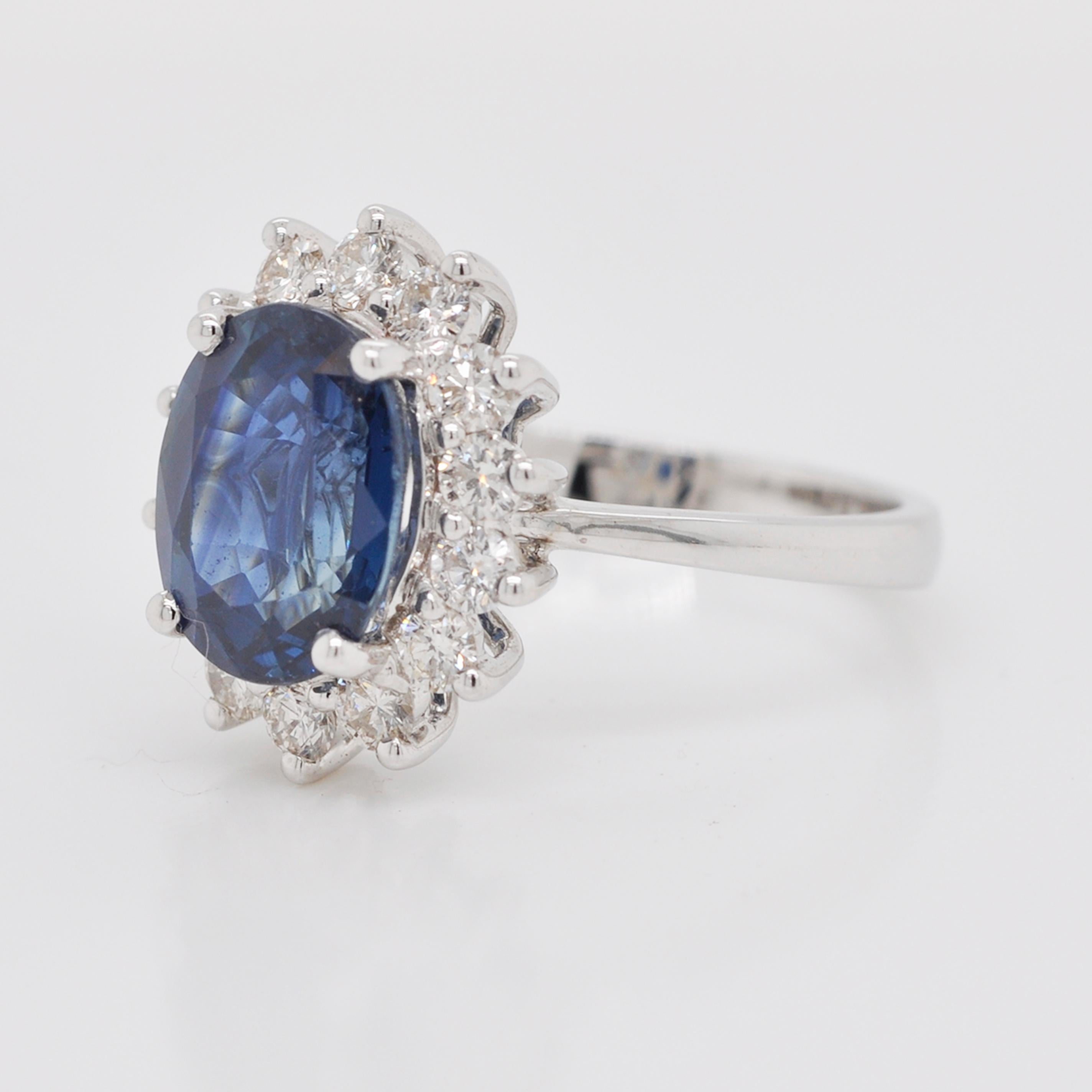Oval Cut 18 Karat White Gold Oval Blue Sapphire Diamond Lady Diana Style Engagement Ring