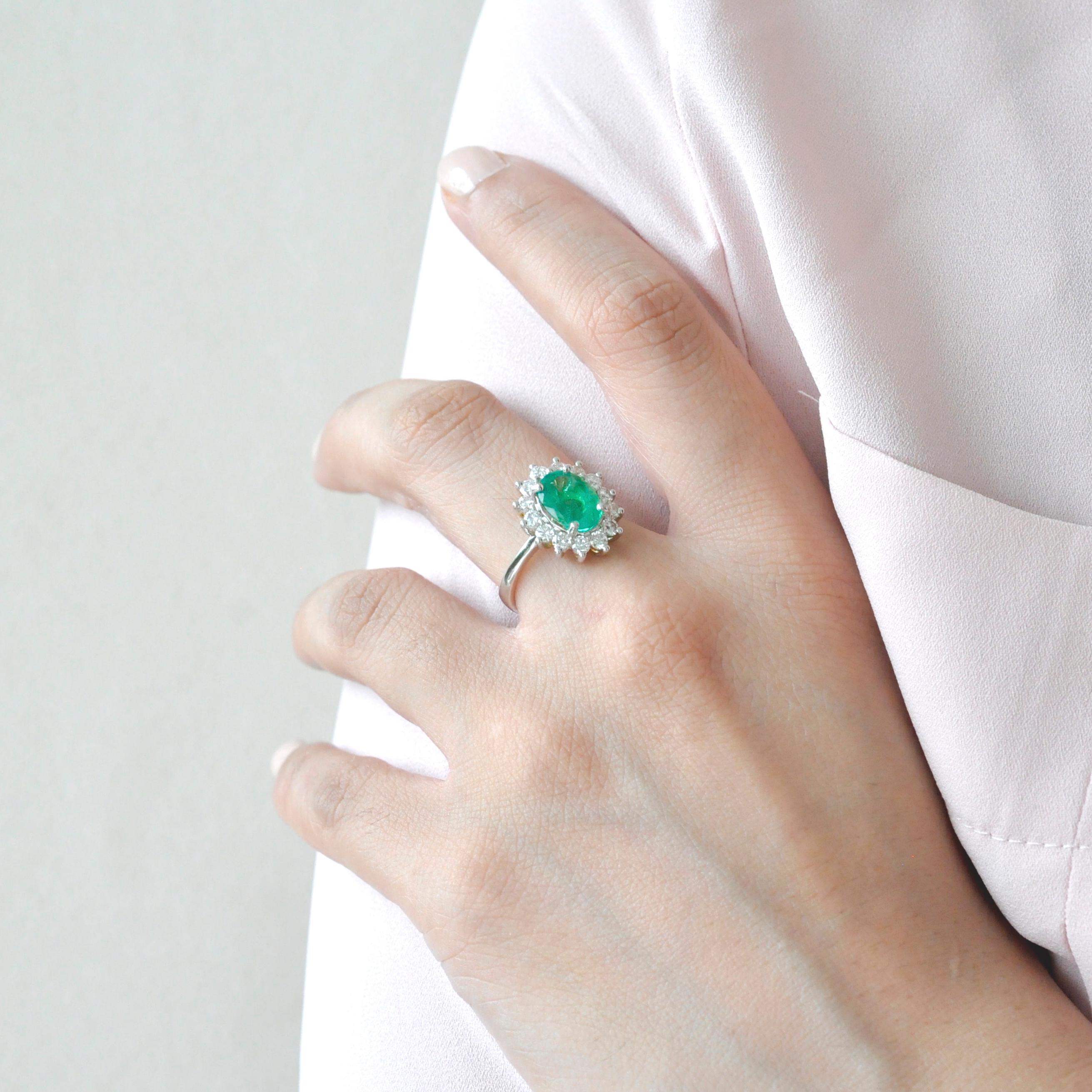Women's 18 Karat White Gold Certified Oval Colombian Emerald Diamond Engagement Ring
