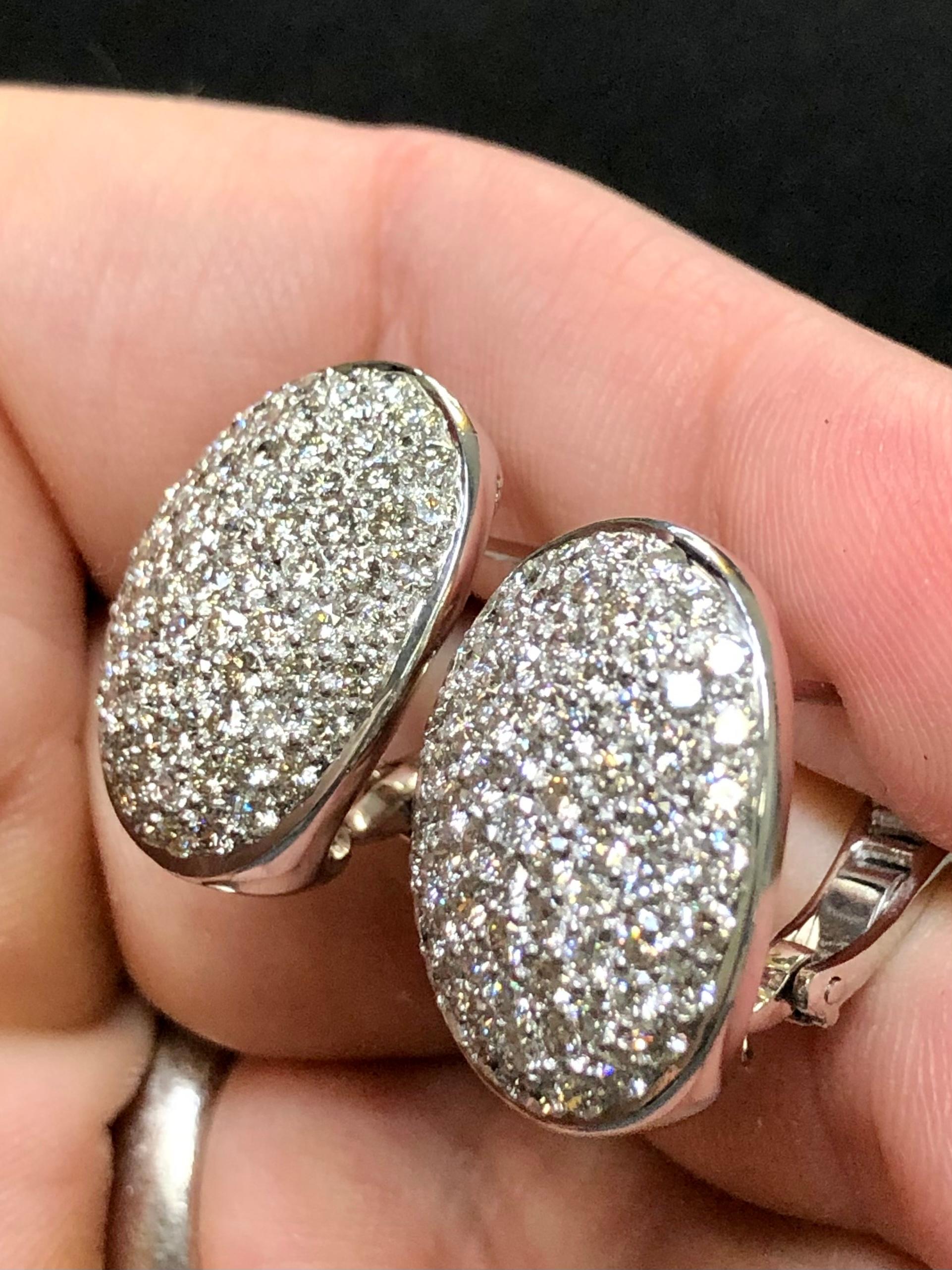 18k White Gold Oval Pave Diamond Omega Back Diamond Huggie Earrings H Vs 5cttw For Sale 1