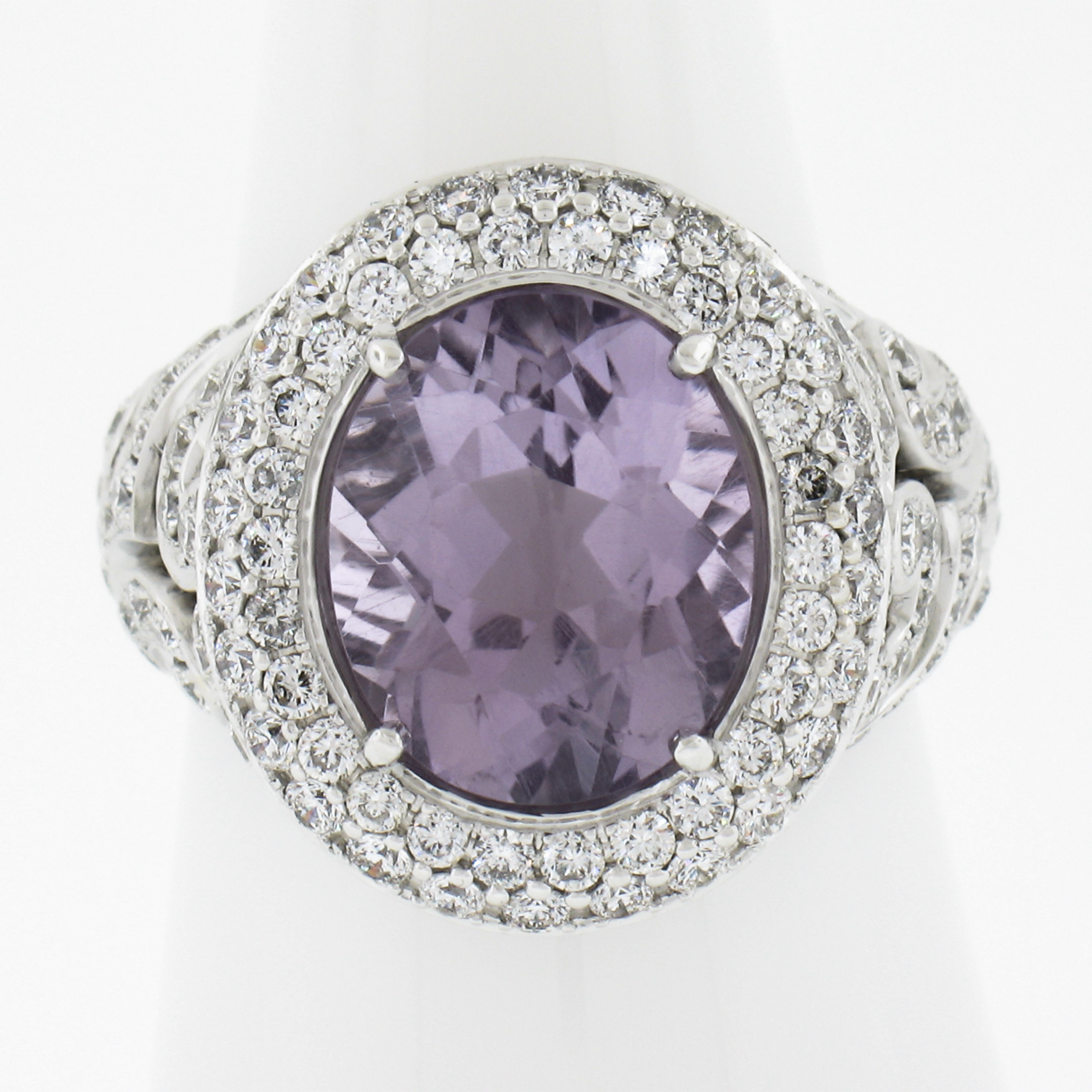 --Stones:--
1 Natural Genuine Amethyst - Oval Brilliant Cut - Bezel Set - Pinkish Purple Color - 12x1.4mm approx.
150 Natural Genuine Diamonds - Round Brilliant Cut - Pave Set - F/G Color - VS1/VS2 w/ Few SI Clarity - 3.0ctw approx.
Total Carat