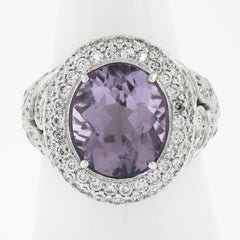 18k White Gold Oval Rose De France Amethyst Solitaire w/ 3ctw Diamond Ring