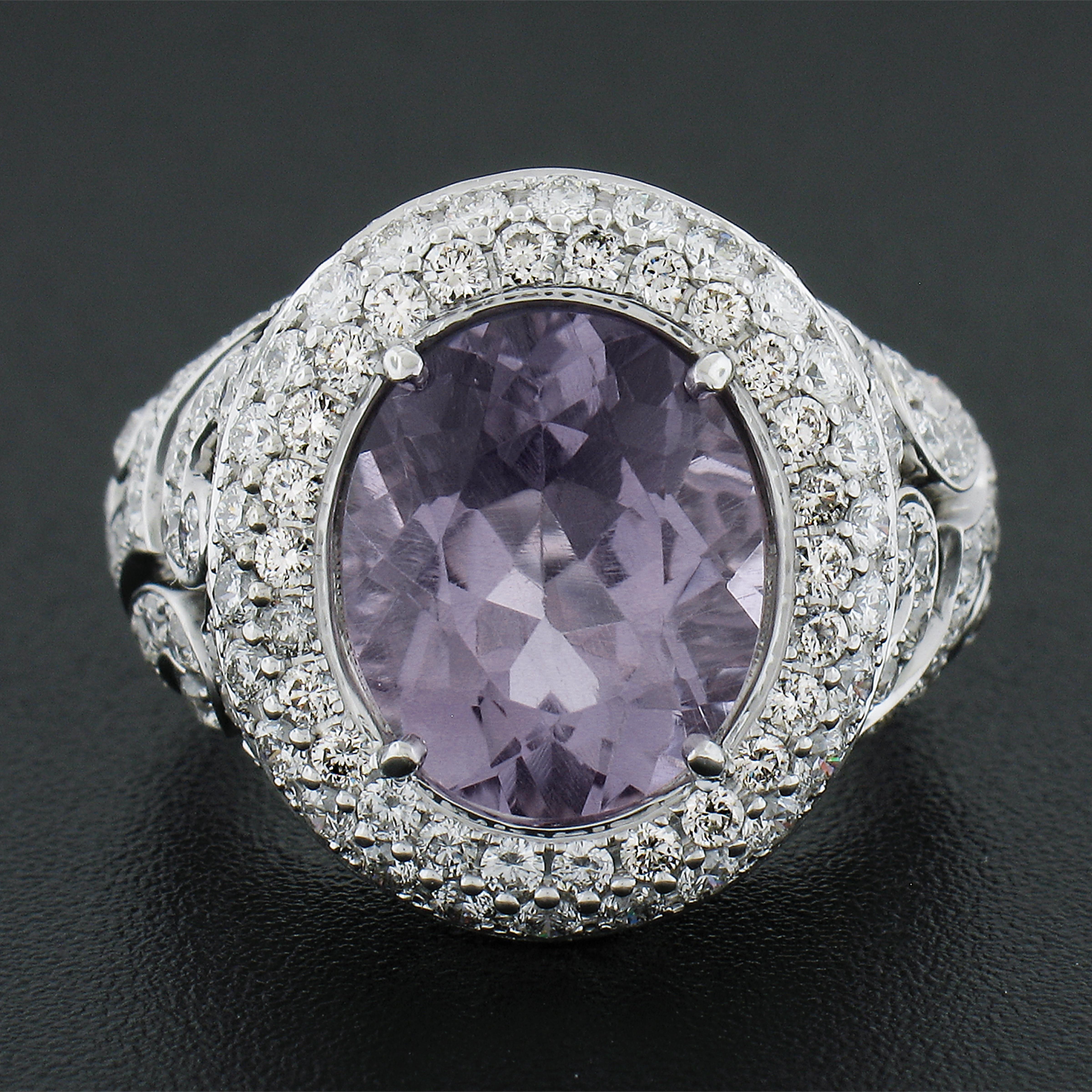 Oval Cut 18k White Gold Oval Rose De France Amethyst Solitaire w/ 3ctw Diamond Ring For Sale