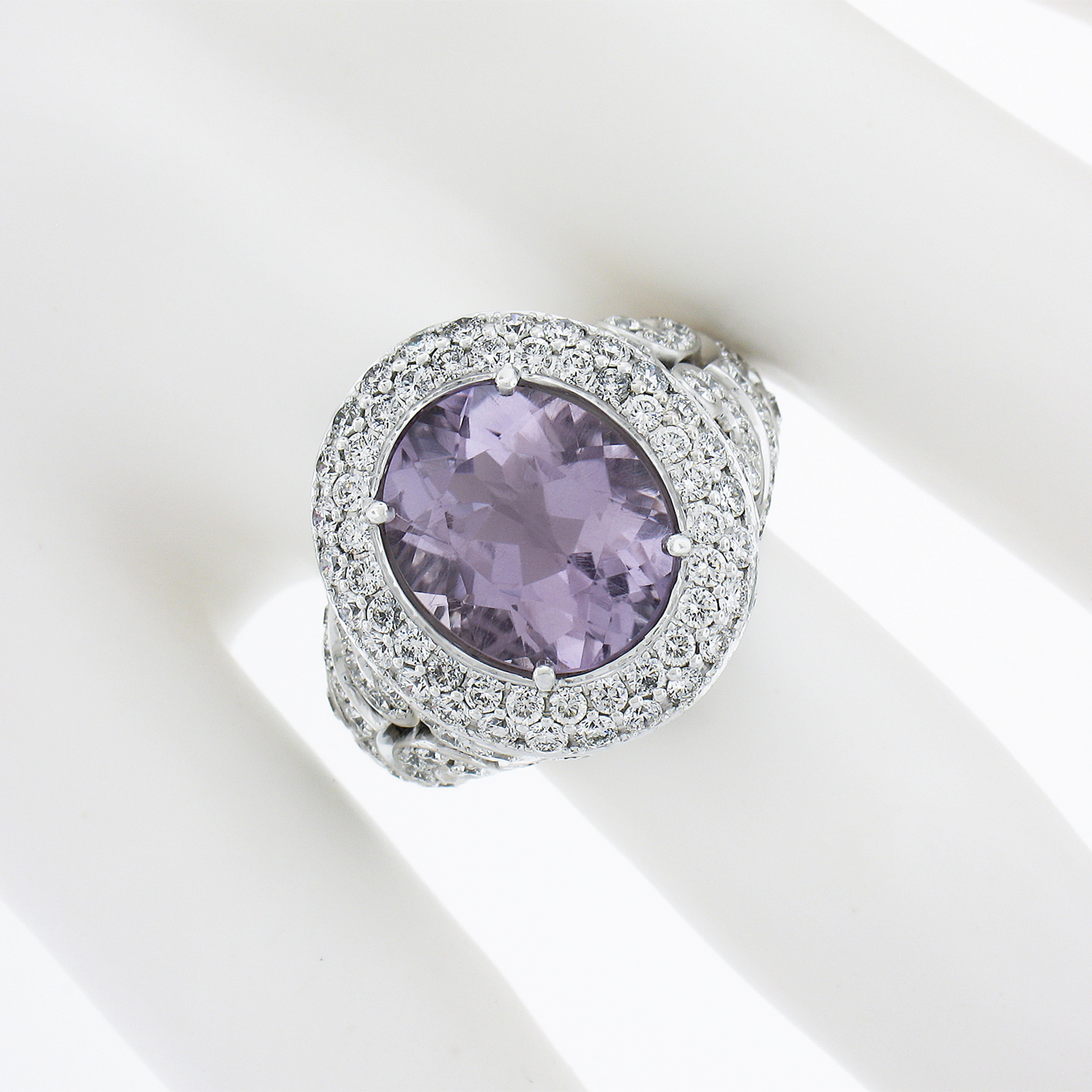 18k White Gold Oval Rose De France Amethyst Solitaire w/ 3ctw Diamond Ring In Excellent Condition For Sale In Montclair, NJ